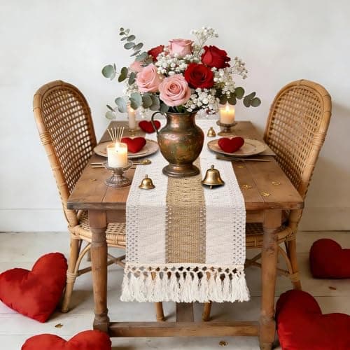 yuboo Boho Coffee Table Runner 48 Inch, Spring Farmhouse Burlap Dresser Runner Scarf, Rustic Macrame Runner for Round Table, TV Stand, Entryway Console, Neutral Easter Decor 6