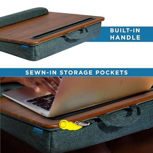 LAPGEAR Portable Laptop Lap Desk with Pillow Cushion, Anti-Slip Strip, Tablet or Phone Storage Slot, Pen and Pencil Pocket, and Wrist Rest - Espresso Woodgrain - Fits 17.3" Laptops - Style No. 91342 6