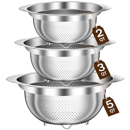 Stainless Steel Colander for Kitchen, Stainless Steel Strainer, Pasta Strainer for Spaghetti Fruit Vegetable Cooking Food, 3 Pcs Strainers and Colanders(2QT, 3QT, 5QT), Dishwasher Safe, Kitchen Gift