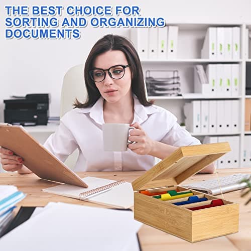 Henoyso 3 x 5 Inch Index Card Holder Set, Bamboo Organizer Box with 50 Dividers & 2 Sheets Alphabet Number Stickers File Note Holders, Holds 1200 Cards for Office Business Home Kitchen, Wooden Color 6