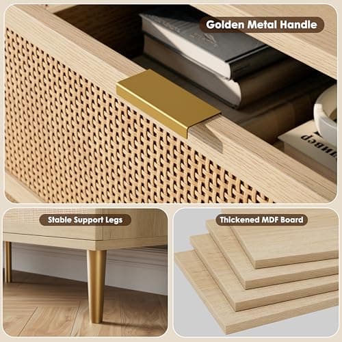 GarveeHome Rattan 6 Drawer Dresser for Bedroom, Large Double Dresser with Deep Drawers, Wooden Chest of Drawers for Closet with Wide Top, for Living Room, Hallway, Kids Room, Natural 9