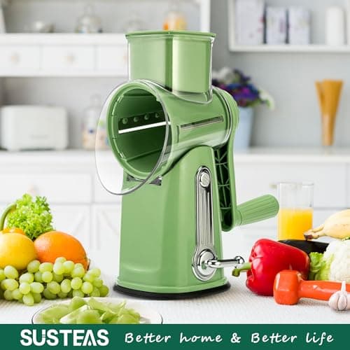 SUSTEAS Rotary Cheese Grater with Handle - Vegetable Shredder with 5 Well-designed Blades & Strong Suction Base,Round Mandoline Slicer & Food Chopper for Kitchen,with Blade Storage Box(Retro Green) 7