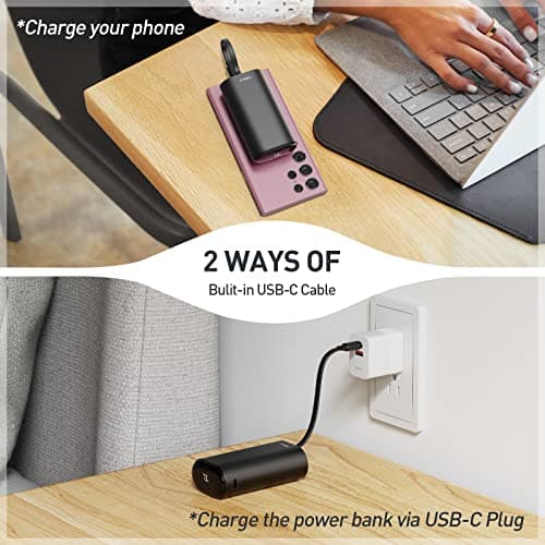 iWALK Portable Charger 9600mAh 18W PD Fast Charging, Power Bank with Built-in USB-C Cable & LED Display, External Battery Pack for Android Mobile Phone, iPhone 15, S23/ S22, Pixel 7, LG, Note 5