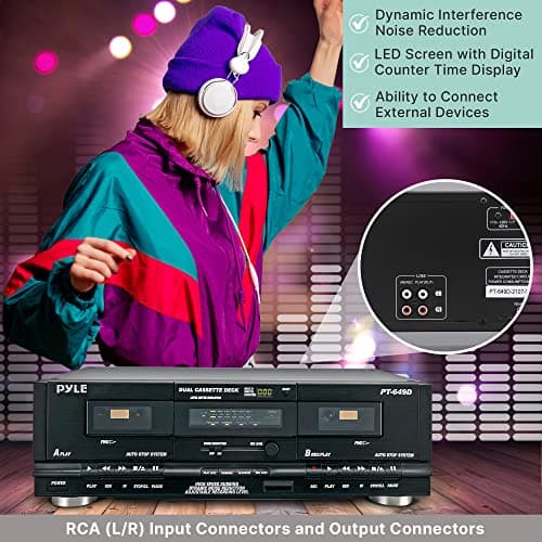 PyleUsa Dual Cassette Deck | Music Recording Device with RCA Cables | Removable Rack Mounting Hardware | CrO2 Tape Selector | Built-in 3 Digit Tape Counter - 110V/220V 5