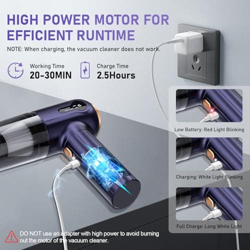 EYYA Handheld Car Vacuum Cleaner Cordless, 15000PA High Power Portable Mini Vacuum & Air Duster, 3 Gear, Digital Display, Hand Held Vacuum Cleaner Rechargeable for Car, Home, Pet Hair 5