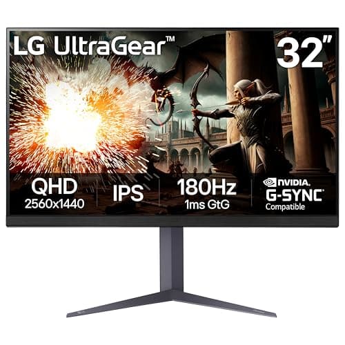 LG 32" Ultragear QHD (2560x1440) Gaming Monitor, 180Hz, 1ms, IPS, DisplayHDR 400, NVIDIA G-SYNC Compatible, AMD FreeSync, VESA Adaptive Sync, HDR10, Tilt/Height/Pivot Stand, HDMI, DisplayPort, Black
