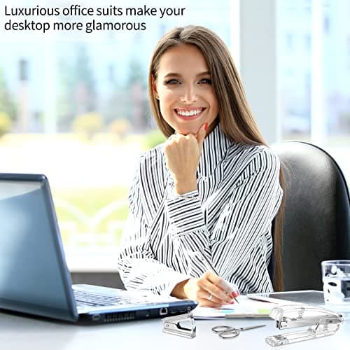 Office Supplies Set Desk Accessory Kit, Acrylic Stapler Set Staple Remover, Tape Dispenser, Binder Clips, Paper Clips, Ballpoint Pen and Scissor with 1000 Pieces 26/6 Staples (Silver) 6