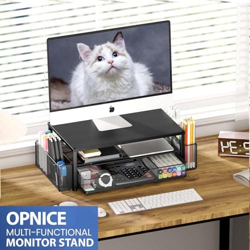 OPNICE Desk Organizer and Accessories, 2-Tier Computer Monitor Stand Riser with Drawer and 2 Pen Holders, Laptop Stand, Office Desk Accessories for Office Supplies, Black 6