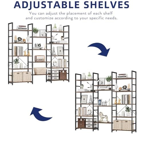 NUMENN Triple Wide 5 Tier Bookshelf, Rustic Industrial Style Bookcases with 14 Open Display Shelves, Modern Tall Bookcase Furniture for Bedroom, Living Room and Home Office, Vintage 4