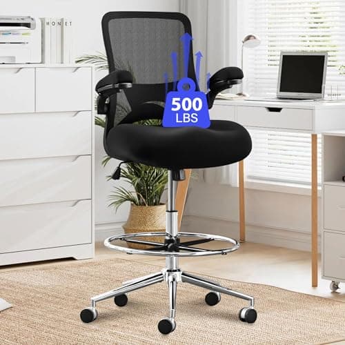 KWKSV 500 lbs Tall Drafting Chair for Standing Desk with Flip-up Armrests, Pressure Locking Casters, W-Shape Thicken Cushion, Breathable Mesh Extended Height Office Chairs (Black)