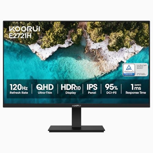 KOORUI 27 Inch QHD (2560x1440) IPS HDR Ultra-Thin Computer Gaming Monitor, 120Hz Refresh Rate, DCI-P3 95%, FreeSync & G-Sync, 1ms MPRT, VESA 100x100mm, Tilt Adjustable for Game and Work, E2721H