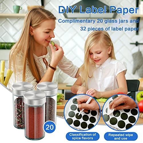 Kylinbigda 360-degree Rotating Glass and Stainless Steel Spice Rack with 20 Jars, Anti-Sprinkling Design, Great Gift 6