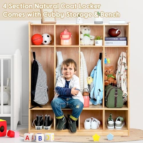 Colingmill 4 Section Coat Locker with Bench Daycare Cubbies for Classrooms Natural Pine Finish Wooden Backpack Cubby Storage Organizer with Hooks for Daycare Classroom and Home 5