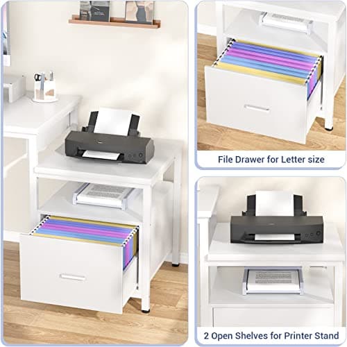 Aheaplus L Shaped Desk with Power Outlet, Standing Home Office Desk with Lift Top and File Drawer, 63'' Corner Computer Desk with Monitor Stand&Printer Shelves, Gaming Desk with Led Lights, White 8