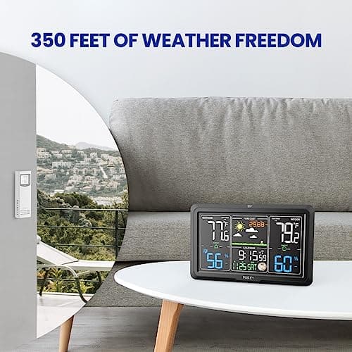Fokey Weather Station Wireless Indoor Outdoor, Indoor Outdoor Thermometer Wireless Clock, Weather Stations Digital Home Gauge 7.6in Large Display Atomic Clock Temperature Humidity Phase, Black 6