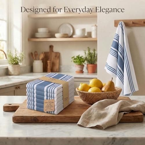 Urban Villa Kitchen Towels Blue White Striped 100% Cotton Set of 6, 20x30 Inch Oversized Dish Cloths, Highly Absorbent, Mitered Corners & Hanging Loop, Hand & Tea Towels, Dish Towels 5