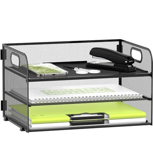 Daltack 3-Tier Paper Organizer with Handle, Mesh Desk Organizer Letter Tray, Paper Tray Organizer File Organizer for A4 File Folder, Black