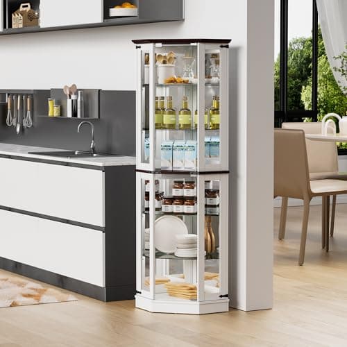 PAKASEPT 71'' Farmhouse Display Curio Cabinet with LED Lights,Tempered Glass Doors,6 Shelves,Floor Standing Display Cage Corner Wine Cabinet Storage Rack for Bar and Liquor Storage,White 7