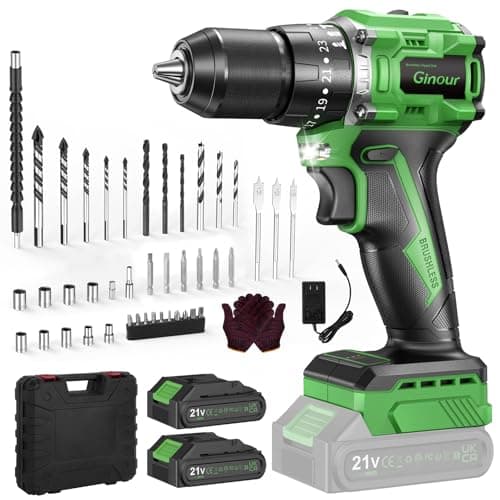 Ginour 21V Brushless Cordless Hammer Drill 442 in.lbs 18000BPM 3/8" Keyless Chuck Impact Drill with 2 Batteries and Charger 23+3 Clutch, 47PCS Accessoires for Metal, Wood, Brick Wall