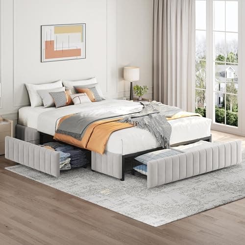 Yaheetech Full Bed Frame Upholstered Platform Bed with 3 Storage Drawers, Large Storage Space/Strong Wooden Slats/Non-Slip and Noise-Free/No Fixed Headboard/No Box Spring Needed/Beige Full Bed