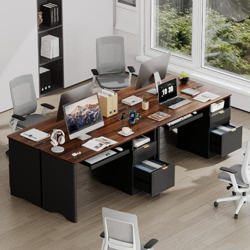 Bestier Computer Desk with Keyboard Tray, 55 inch Office Desk with Power Outlet, Modern Home Office Desk with File Drawer (Walnut with Black, 55" W with Single-Sided Drawers) 5