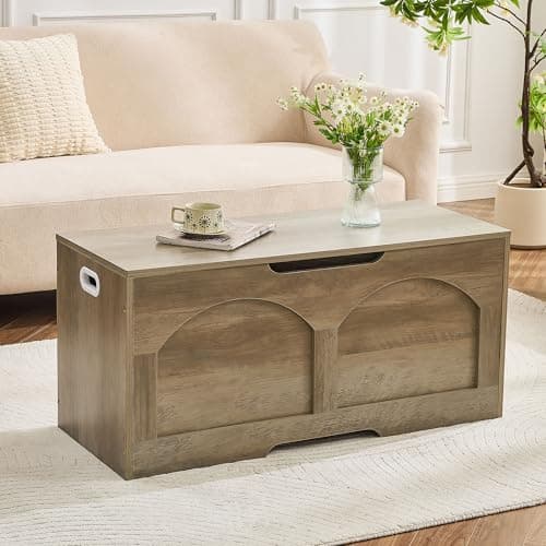 oakvivo Storage Chest, 31.5" Retro Wooden Storage Bench, Entryway Storage Trunk, Supports 330 lb, Upgraded Safety Lift Support Hinge, Entryway Bench, U-Shaped Opening for Entryway Living Room, Greige 7