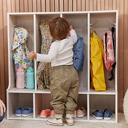ECR4Kids Streamline 4-Section Toddler Coat Locker with Bench, Classroom Furniture, White Wash 10