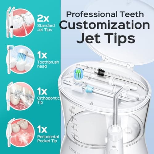 COSLUS Professional Water Flosser for Teeth: 12 Pressure Settings Electric Dental Pick for Tooth Cleaning, Sensitive Gums, Braces, Oral Care - Home Use, ​​4 Jet Tips for Multiple Users, Family, White 8