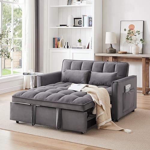 tiramisubest Sleeper Sofa Bed,55'' Convertible Pull Out Couch with Side Pockets,Velvet Fabric Loveseat Sleeper Sofa with Adjustable Backrest for Living Room,Bedroom,Apartment, Darkgrey