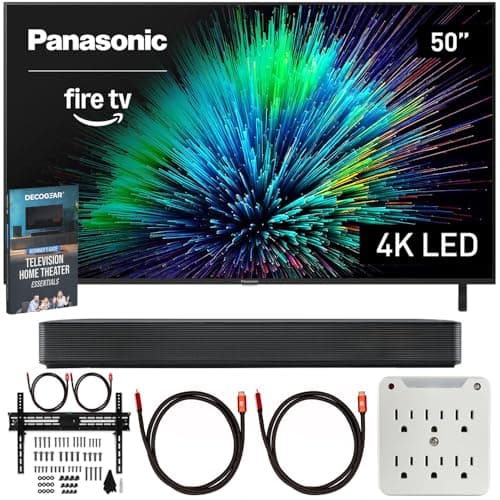 Panasonic TV-50W70BP W70 Series 50 inch LED 4K Ultra HD Smart Fire TV Bundle with Bluetooth Soundbar, TV Wall Mount, 6-Outlet Surge Adapter, Theater Essentials and 2X HDMI Cable