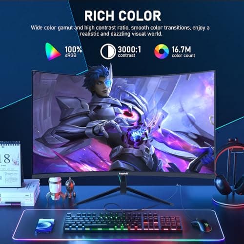 Gawfolk 32 inch 2K QHD(2560×1440P) 165Hz Curved Gaming Monitor,PC Screen, 1ms，FreeSync, 98% sRGB，178° Wide Viewing Angle，DisplayPort、HDMI, Wall Mount Compatible 100 * 100MM Wall - Black 5