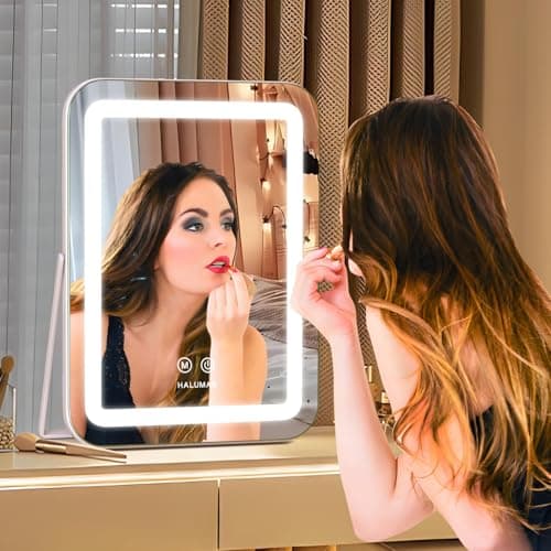 halumao Vanity Mirror with Lights, 14.5" Light Up Makeup Mirror, LED Makeup Mirror with Lights for Bedroom Tabletop, Smart Touch Control 3 Colors Dimmable, 360° Rotation 7