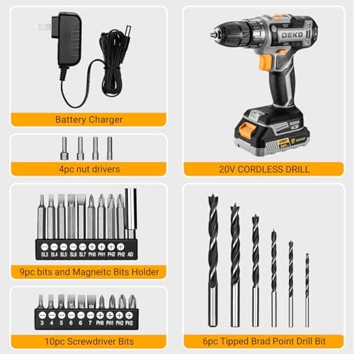 Power Drill Cordless: DEKOPRO Cordless Drill 20V Electric Power Drills Set Tool Drills Cord-less Set with Battery and Charger 7