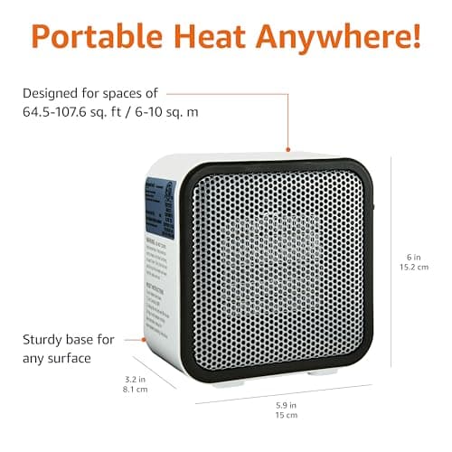 Amazon Basics Ceramic Space Heater, Portable Mini Heater for Office Desk, 500W, With Tip-Over Protection, Lightweight 1.4 lbs, White, 5.9"D x 3.2"W x 6"H 3