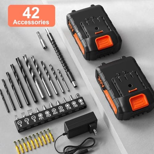 VIWKO 20V Cordless Drill, 2000mAh Battery & Charger, 3/8" Keyless Chuck, 25+1 Torque, LED Light, 42Pcs Accessories 5