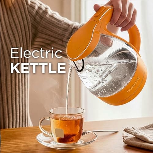 OVENTE Electric Kettle, 1.5L Borosilicate Glass Countertop Water Heater and Boiler for Coffee or Tea, BPA-Free, Auto Shut-Off, Boil-Dry Protection, Removable and Washable Spout Filter, Orange KG83O 8
