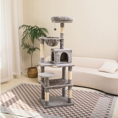 Catreaier Cat Tree, 54-Inch Cat Tower for Indoor Cats, Plush Multi-Level Cat Condo with 5 Scratching Posts, Pompom, One Round Hammock and One Square Hammock Light Gray 5