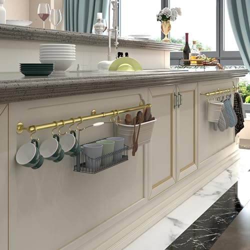 ROTHLEY Stainless Steel Pot and Pan Hanger - 39.4 Inch Wall Mounted Hanging Pots and Pans Rack for Kitchen Wall Rail with Hooks (Brass) 6