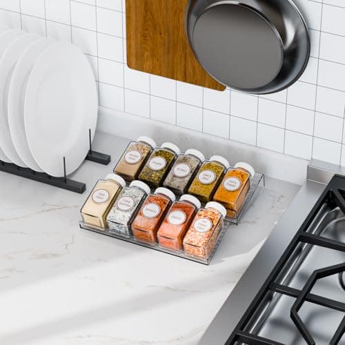 Yieach 4 Pack Adjustable Narrow Spice Rack for Drawer - Expandable From 9" to 17.7" - Acrylic Drawer Seasoning Organizer,Tiered Clear Spice Tray for Spices,Condiment,Nail Polish and Jar Organization 9