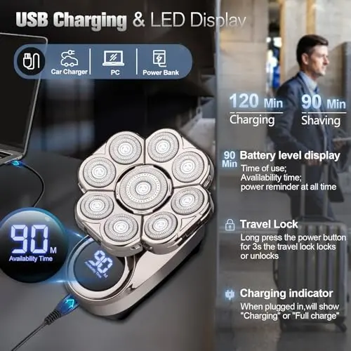 9D Electric Head Shaver for Bald Men, Upgraded 5-in-1 Head Shaver for Bald Men, Waterproof Wet/Dry Grooming Kit Electric Shaver for Men, Cordless Rechargeable Bald Head Razor for Home&Travel 5