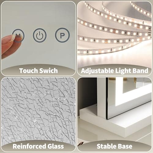 FENNIO 23" x 18" Vanity Mirror with Lights，LED Makeup Mirror，Hollywood Mirror with 3 Color Modes & Adjustable Brightness，Vanity Mirror Square White 5