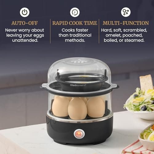 Elite Gourmet EGC1215B Easy Egg Cooker, Stainless-steel Heating Plate, Two-Tiered, 14-Egg Capacity, Soft, Medium, Hard-Boiled, Auto Shut-Off, Omelets, Poached Eggs, Measuring Cup, Piercing Pin, Black 7