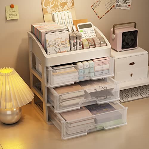 ZHAIXIAONIAN Desk Organizer with Drawers, 3 Drawer Desktop Plastic Storage, Clear Desktop Storage Drawers for Office Supplies, Make up Organizers 6