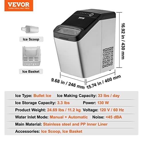 VEVOR Ice Maker Countertop, 33lbs in 24 Hours, Manual & Auto Refill Self Cleaning Countertop Ice Maker for Home Kitchen Camping Office, 9 Cubes Ready in 7 Minutes, with Scoop and Basket 8