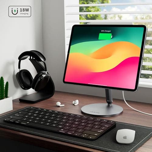 LULULOOK [Upgrade Magnetic Wireless Charging Stand for iPad Pro 12.9 3rd/4th/5th/6th, Foldable Aluminum Alloy Desk Arm Mount with 360° Rotating Base for iPad Air 13" M3 (2025)/M2, Cable Included 5