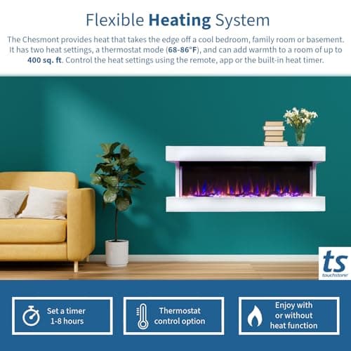 Touchstone Chesmont Smart Electric Fireplace- Wall Hanging Fireplace with 50" Wide White Floating Mantle- Alexa/WiFi Enabled-10 Color-1,500W Heater- Crystals & Driftwood-Model 80033 7