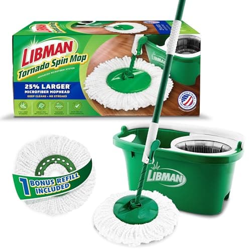 Libman Tornado Spin Mop System and 1 Refill, Mop and Bucket with Wringer Set for Hardwood Floor Cleaning, 2 Total Heads Included