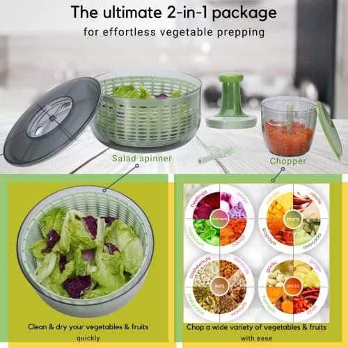 Brieftons Salad Spinner and Chopper: Large 6.3-Quart Lettuce Greens Vegetable Washer Dryer, with Bonus 0.95-Quart Veggie Chopper Mixer, Compact Storage, Easy Push Operation for Quick Veggie Prepping 5
