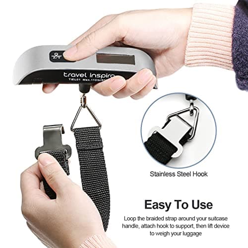 travel inspira Luggage Scale, Portable Digital Hanging Baggage Scale for Travel, Suitcase Weight Scale with Rubber Paint, 110 Pounds, Battery Included - Silver 6