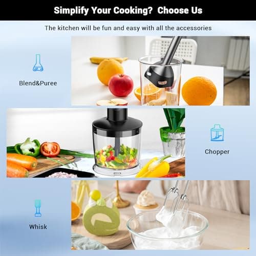 Immersion Blender RPM 16000±10% Scratch Resistant Hand Blender,15 Speed and Turbo Mode Hand Mixer, 3-in-1 Heavy Duty Copper Motor Stainless Steel Smart Stick with Egg Beaters and Chopper 6
